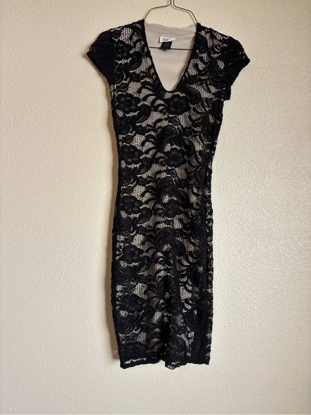 Black Lace Midi Dress with Nude Underlay - V-Neck